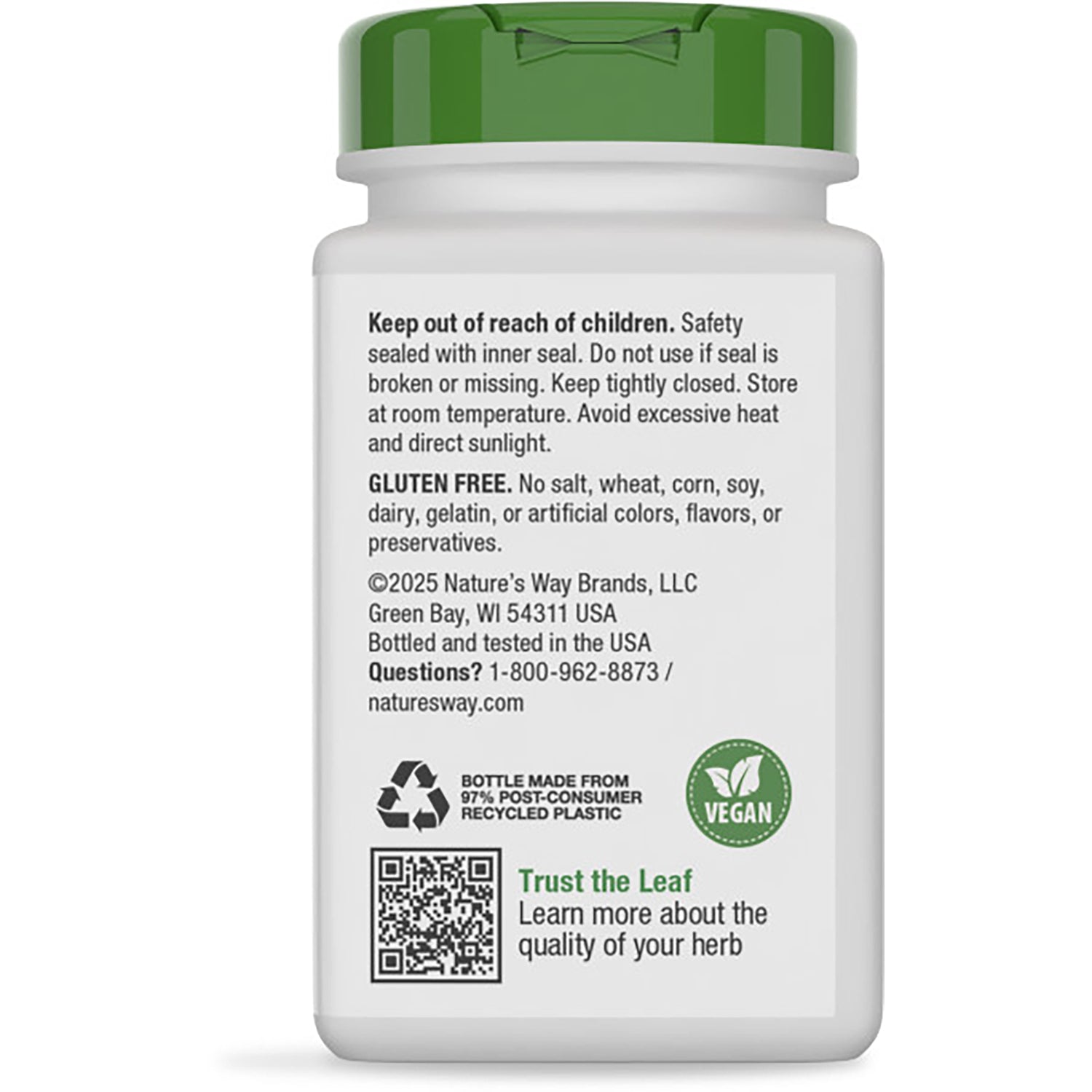 NW139 | Back of brown supplement bottle with green label reading Soothes Occasional Upset Stomach, barcode and vegan recycling icons