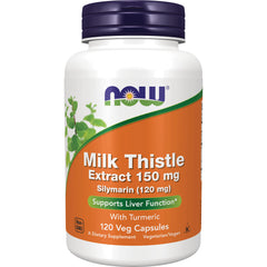 NWF1119 | NOW Milk Thistle Extract 150 mg bottle, 120 veg capsules with turmeric, supports liver function