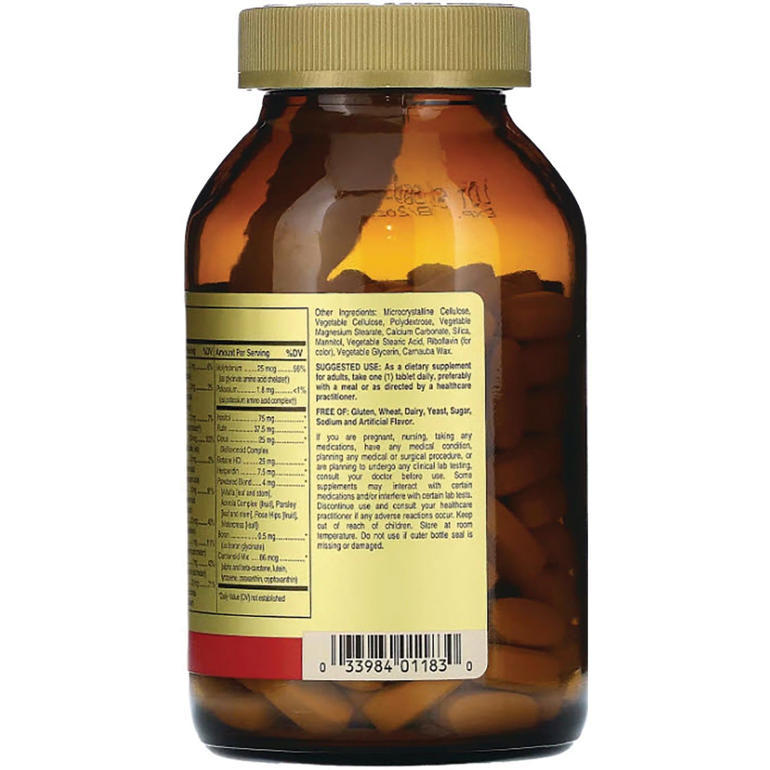 SLG226 | Back of amber supplement bottle showing ingredients label, nutrition facts panel and barcode