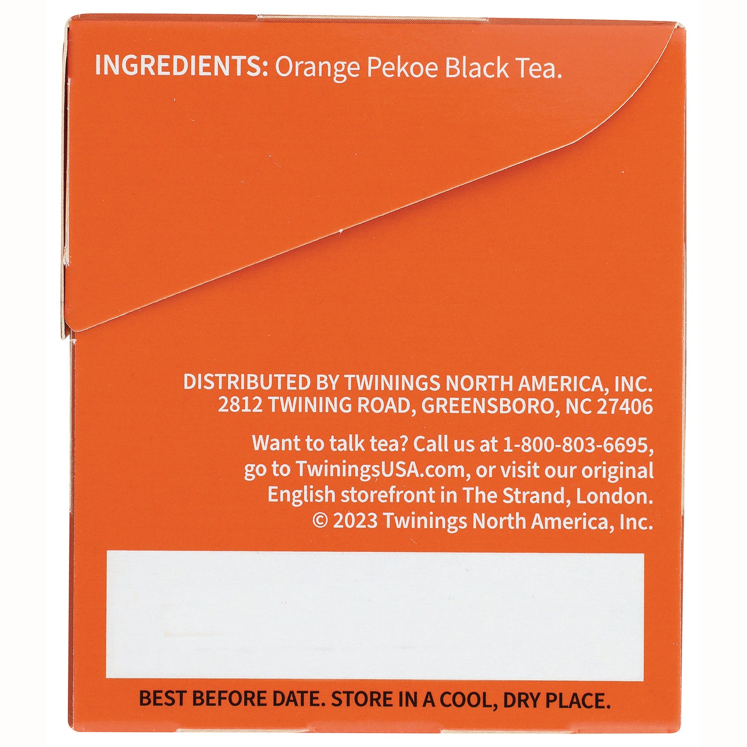 TWN005 | Back panel with INGREDIENTS: Orange Pekoe Black Tea; storage instructions and distributor info