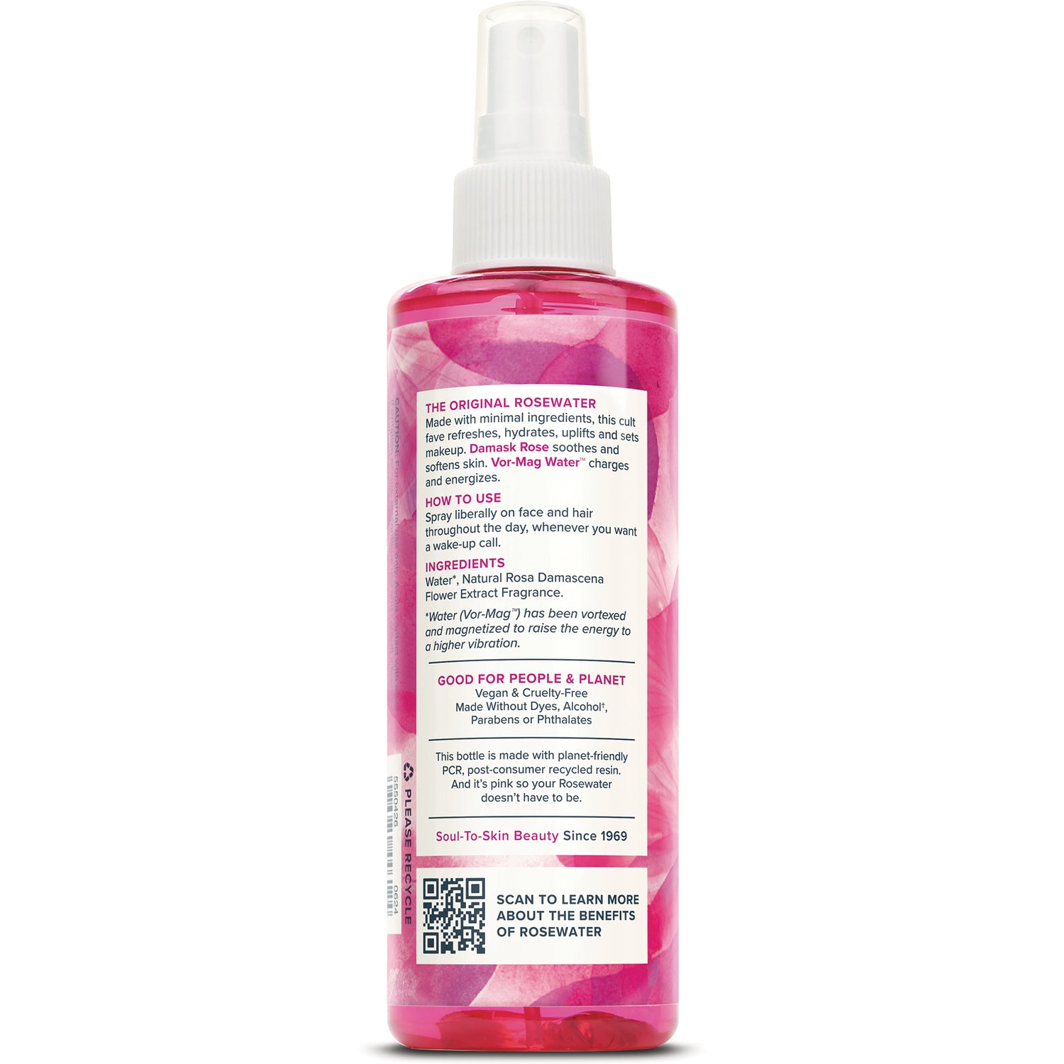 HTG039 | Back label of pink rosewater spray bottle showing ingredients, how-to-use directions and QR code