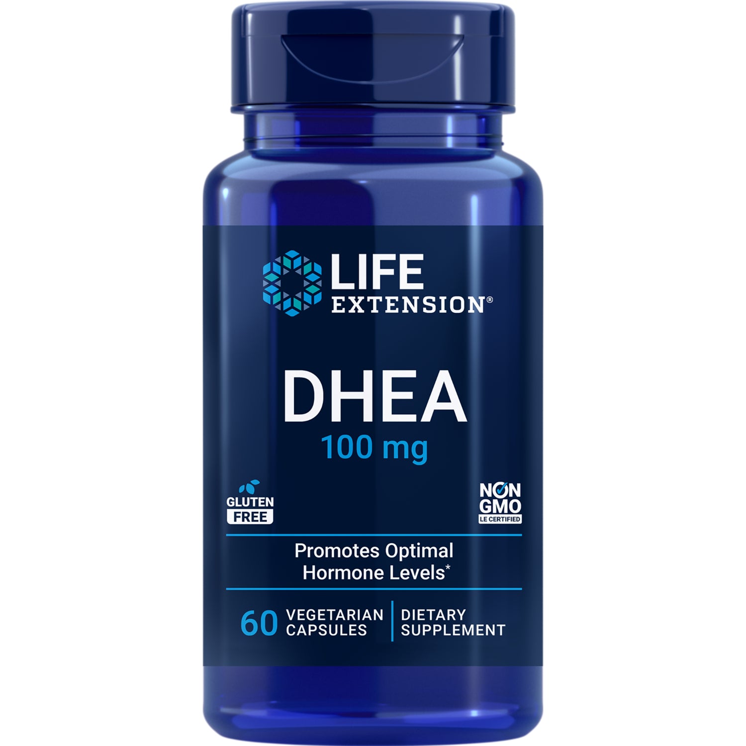 LE324 | Blue Life Extension DHEA 100 mg supplement bottle, 60 vegetarian capsules