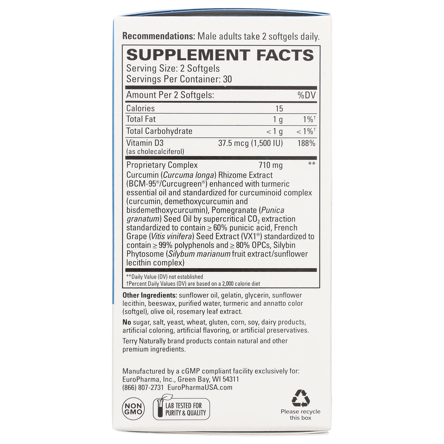 EUR043 | back panel showing SUPPLEMENT FACTS label, serving size, ingredients and manufacturer details