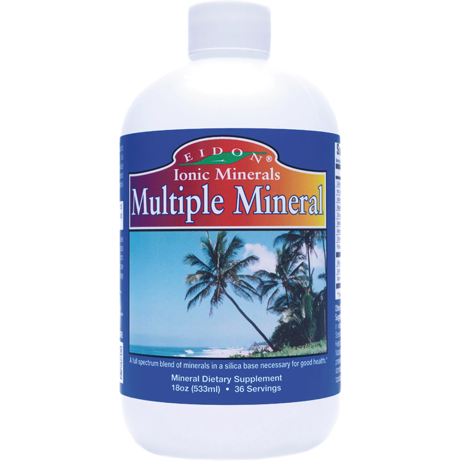 EIM003 | Bottle of Eidon Multiple Mineral ionic minerals supplement with tropical beach label, 18 oz