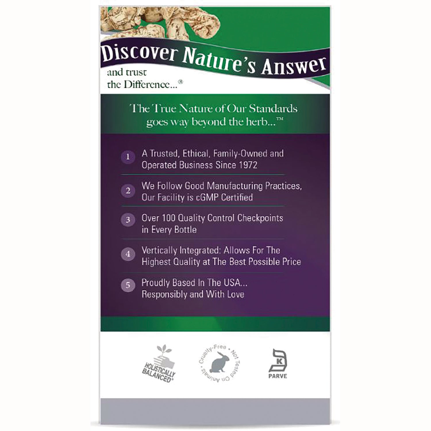 NAT147 | back panel listing quality standards with five numbered claims about family-owned business, cGMP, 100+ checkpoints, USA