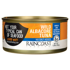 RCT002 | Raincoast Trading wild albacore tuna can front label showing No Salt Added