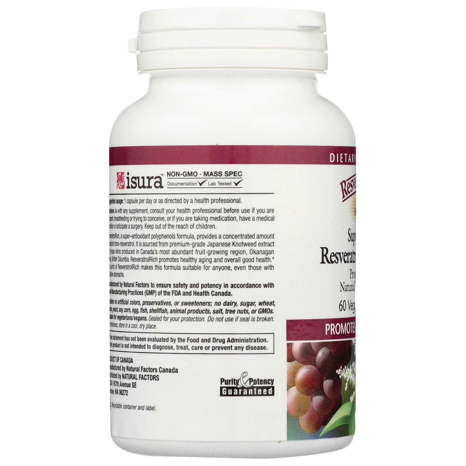 NFC080 | white supplement bottle back label with ingredients text and grape product infographic