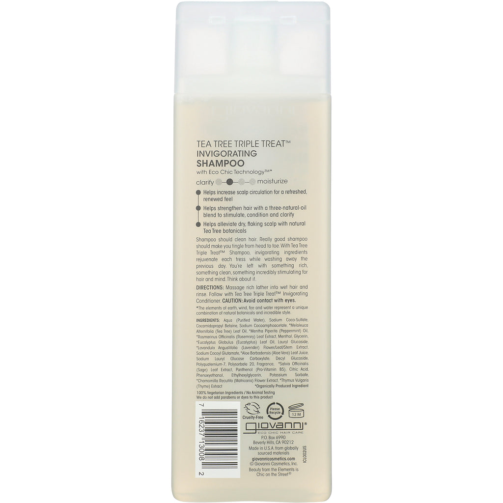 GV038 | Back label of Giovanni Tea Tree Triple Treat invigorating shampoo showing ingredients, directions, and barcode - Thumbnail