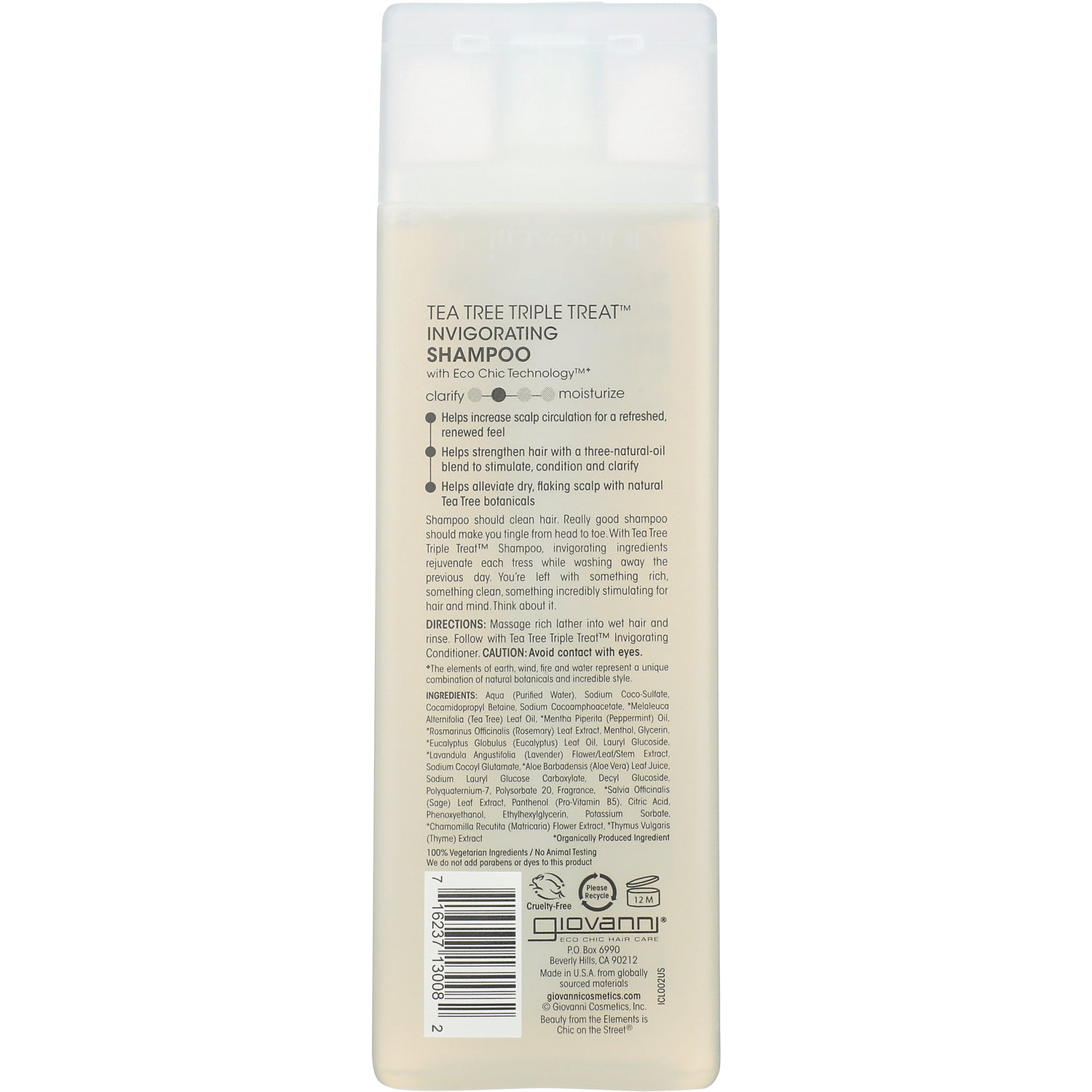 GV038 | Back label of Giovanni Tea Tree Triple Treat invigorating shampoo showing ingredients, directions, and barcode