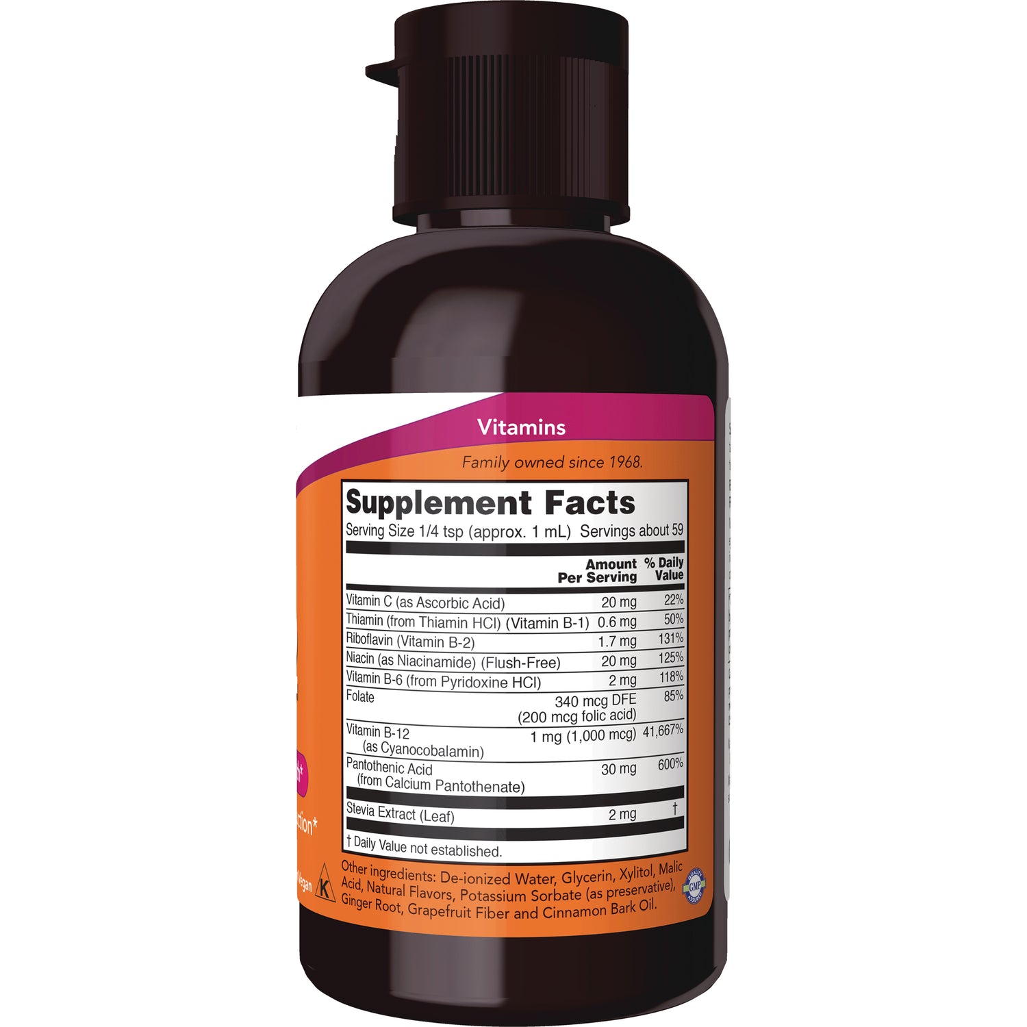 NWF025 | Back of brown vitamin liquid bottle showing Supplement Facts label with ingredients and nutrition panel