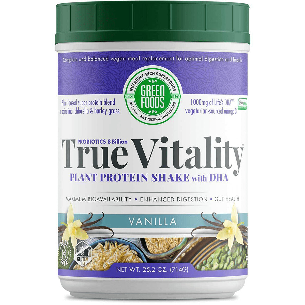 GM039 | True Vitality plant protein shake vanilla tub with Green Foods logo and label text