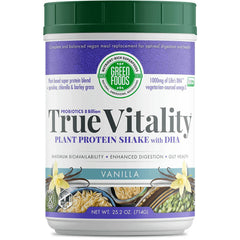 GM039 | True Vitality plant protein shake vanilla tub with Green Foods logo and label text