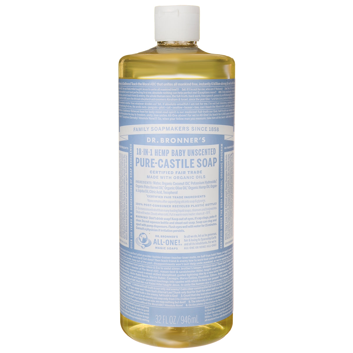 DRB016 | Dr. Bronner's 18-in-1 Hemp Baby Unscented Pure-Castile Soap bottle 32 fl oz