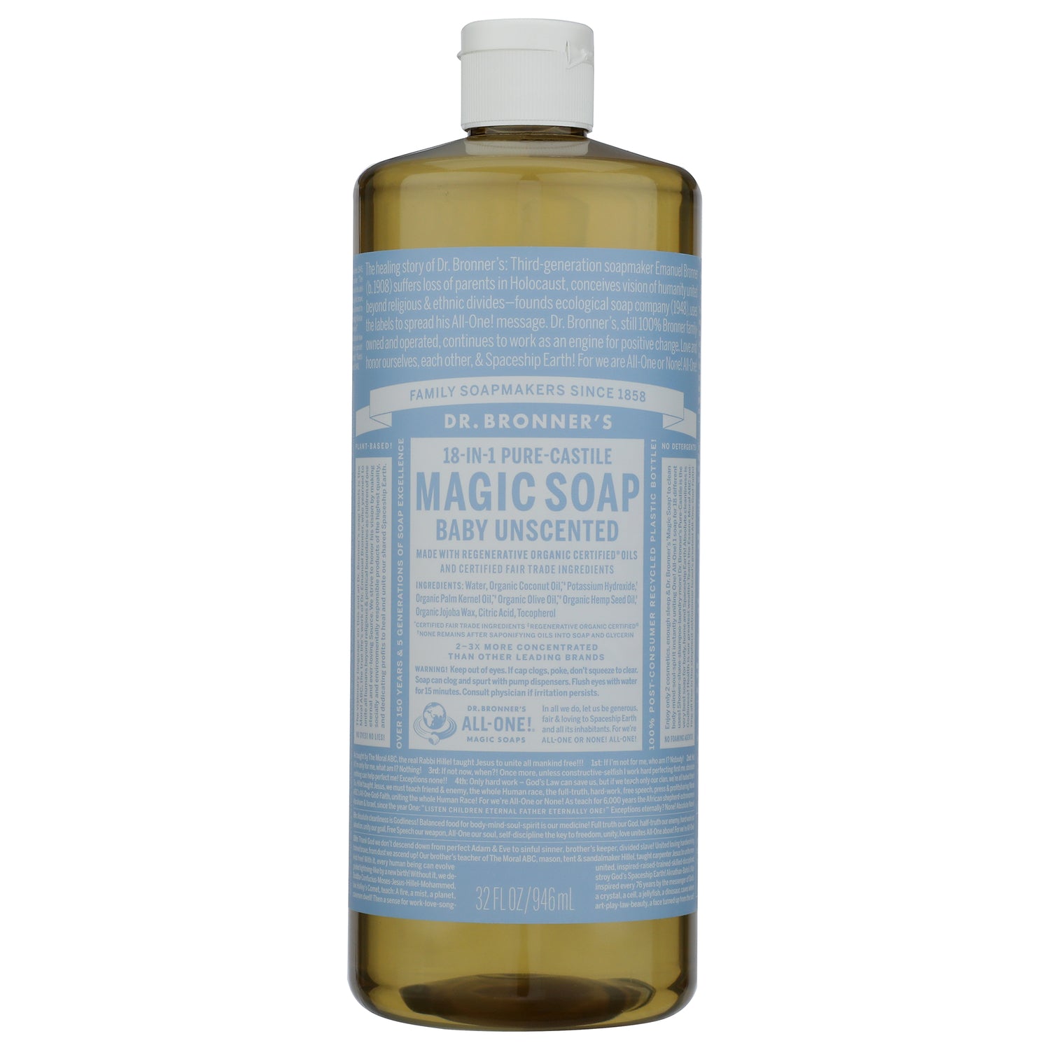 DRB016 | Dr. Bronner's 18-in-1 Hemp Baby Unscented Pure-Castile Soap bottle 32 fl oz