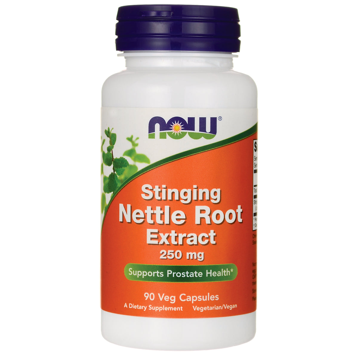 NWF497 | NOW Stinging Nettle Root Extract 250 mg white bottle with orange label, 90 veg capsules