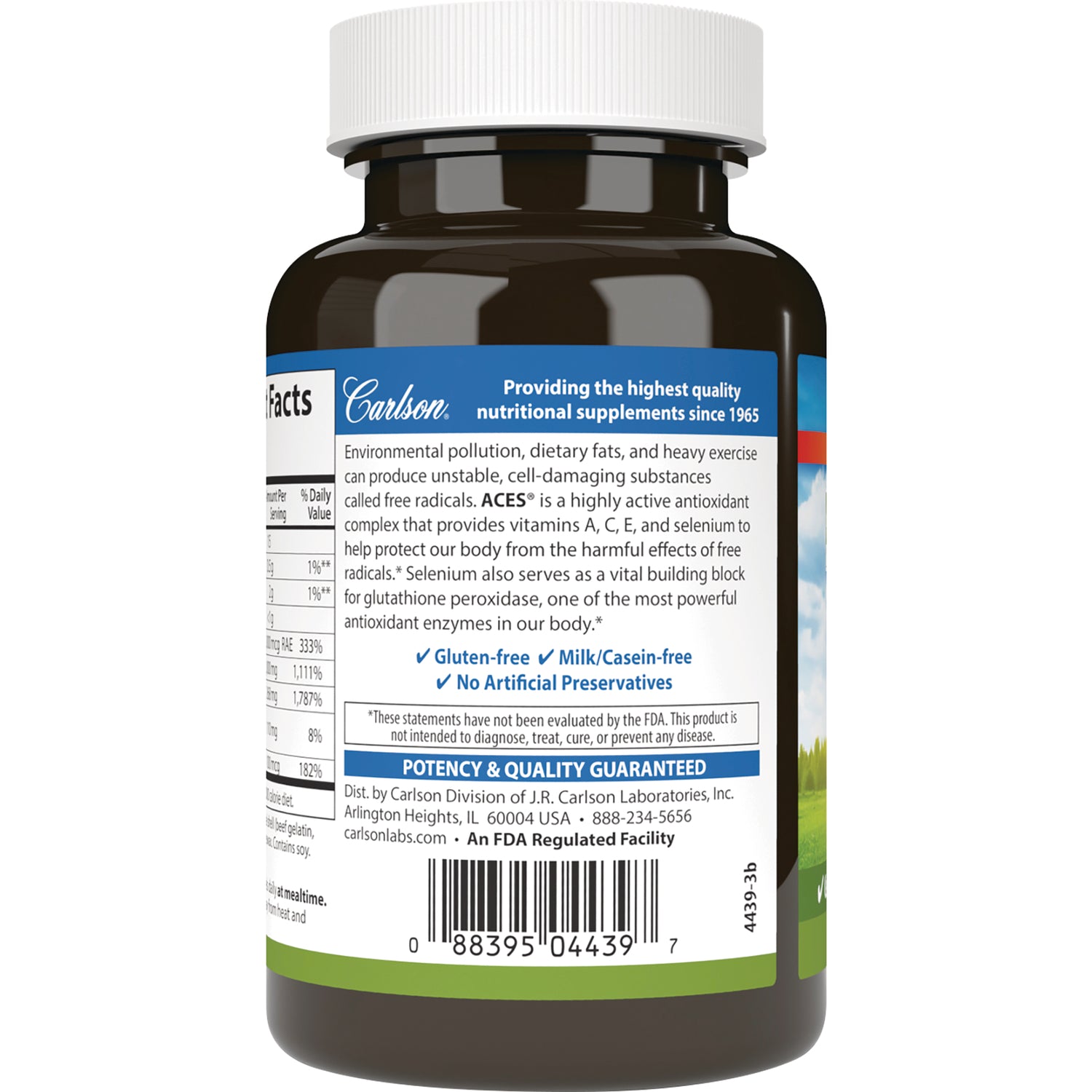 CSN041 | Back label of brown supplement bottle showing product description, claims, nutrition panel and barcode