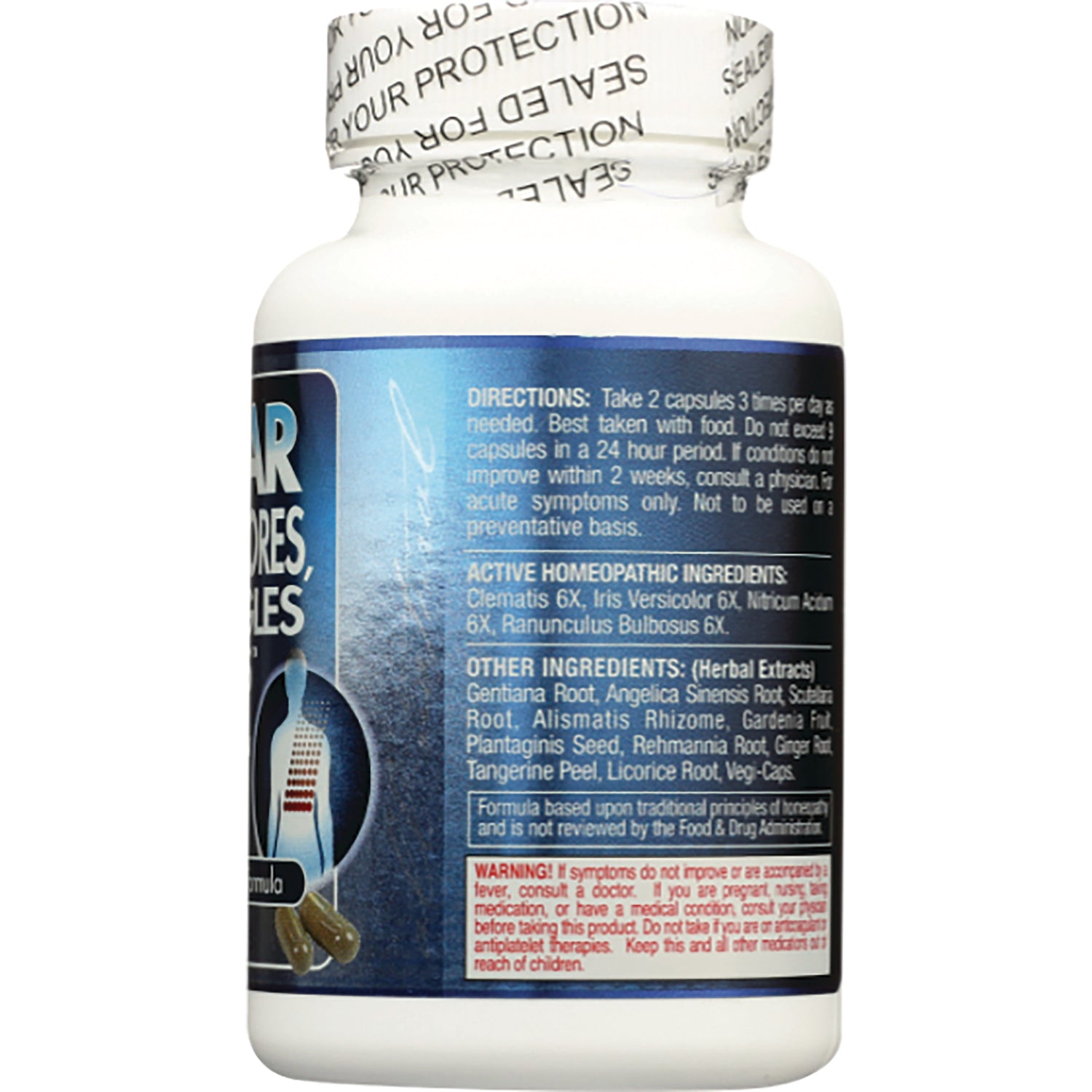 CLP007 | Back label of white supplement bottle showing directions, active and other ingredients, and warning text