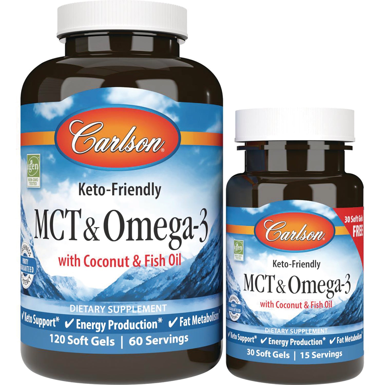 CSN271 | Two Carlson brown supplement bottles labeled MCT & Omega-3 with Coconut & Fish Oil, front view