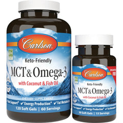 CSN271 | Two Carlson brown supplement bottles labeled MCT & Omega-3 with Coconut & Fish Oil, front view