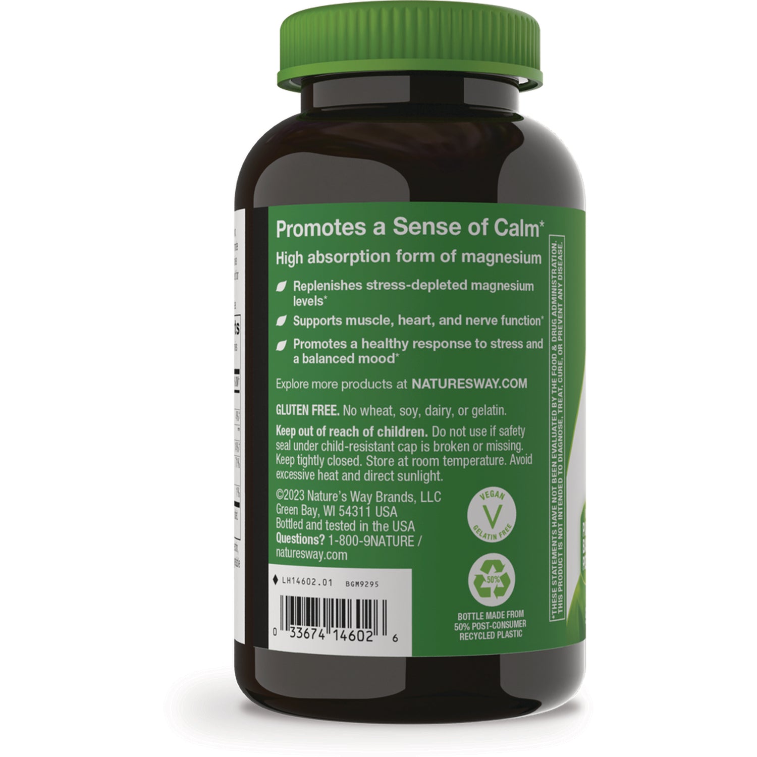 NW1056 | Back of green supplement bottle label reading Promotes a Sense of Calm with usage directions, warnings, and barcode