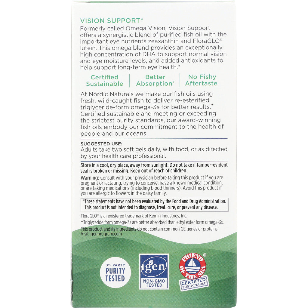 NRN035 | Back of Nordic Naturals Vision Support box showing suggested use, warnings, and purity and sustainability badges - Thumbnail