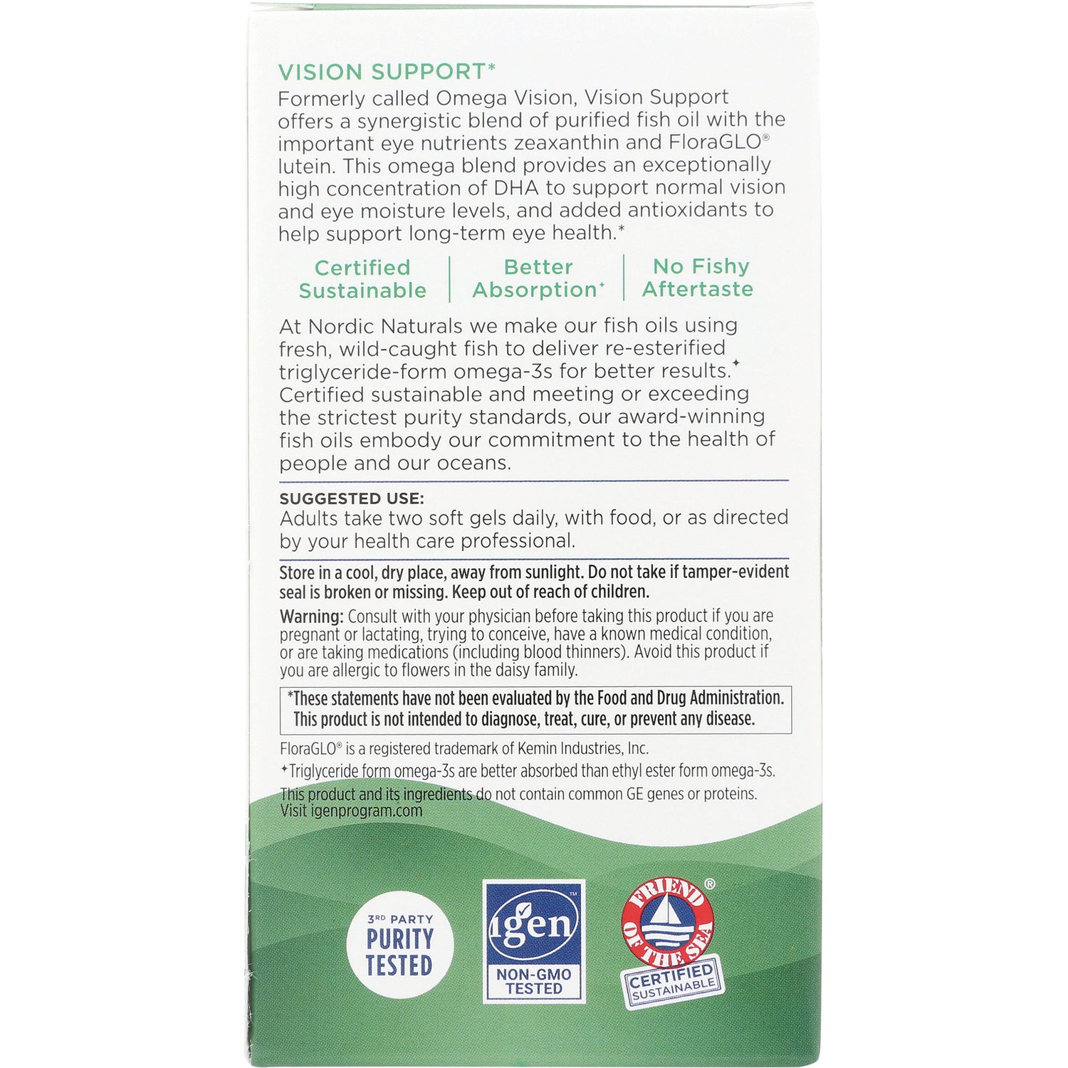 NRN035 | Back of Nordic Naturals Vision Support box showing suggested use, warnings, and purity and sustainability badges