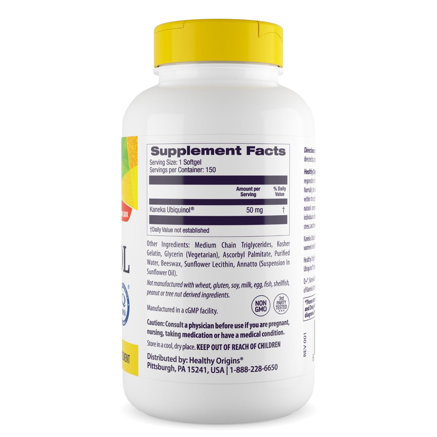 HRG035 | Back of white supplement bottle with yellow cap showing Supplement Facts panel and ingredient list including Kaneka Ubiquinol 50 mg