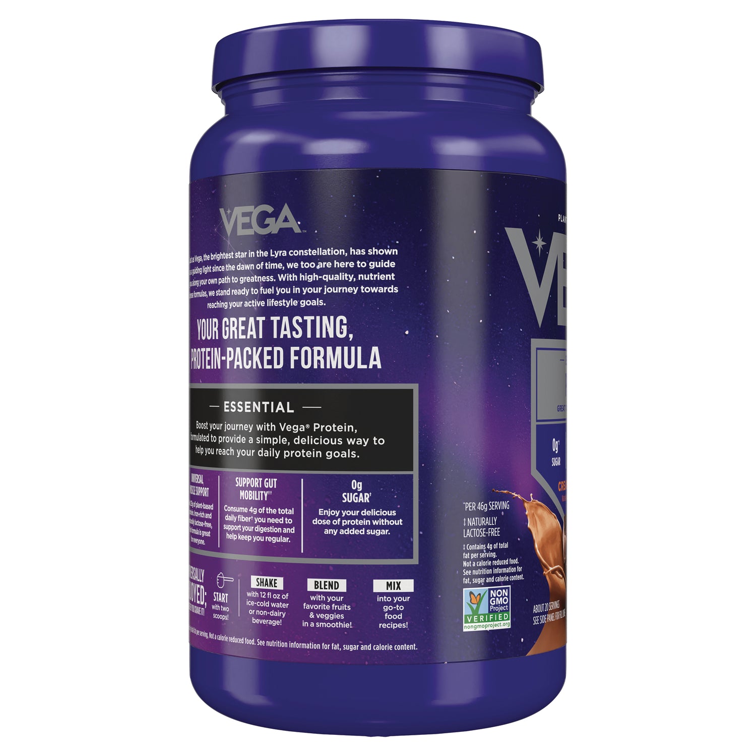 VGA002 | Back of Vega protein powder tub with label text 'Your great tasting, protein-packed formula' and usage icons