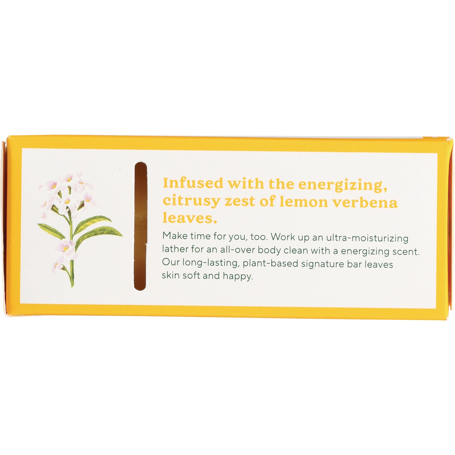 SOF014 | Back panel with text: Infused with the energizing, citrusy zest of lemon verbena leaves