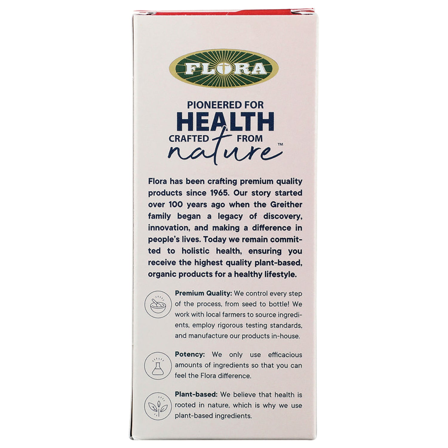 FL109 | product infographic side panel with Flora logo and text about premium quality, potency, and plant-based ingredients