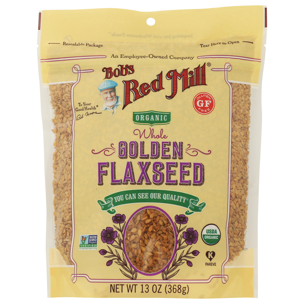 BOB257 | back of yellow bag showing nutrition facts, ingredient text, and barcode for golden flaxseed - Thumbnail