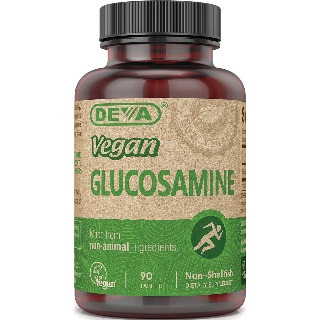 DEV021 | Brown supplement bottle labeled Vegan GLUCOSAMINE, 90 tablets, made from non-animal ingredients - Thumbnail