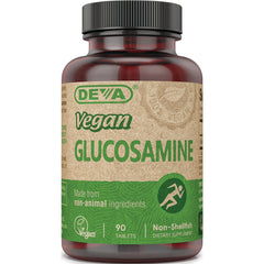 DEV021 | Brown supplement bottle labeled Vegan GLUCOSAMINE, 90 tablets, made from non-animal ingredients