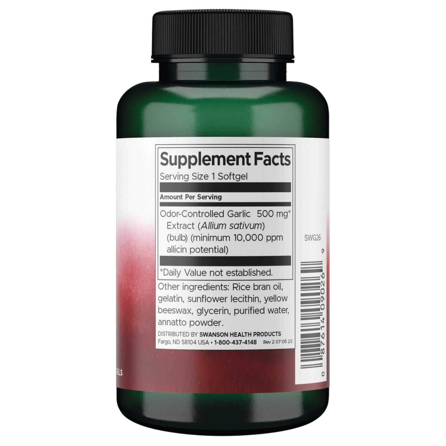 SWG26 | Back label with Supplement Facts: Odor-Controlled Garlic Extract 500 mg per softgel