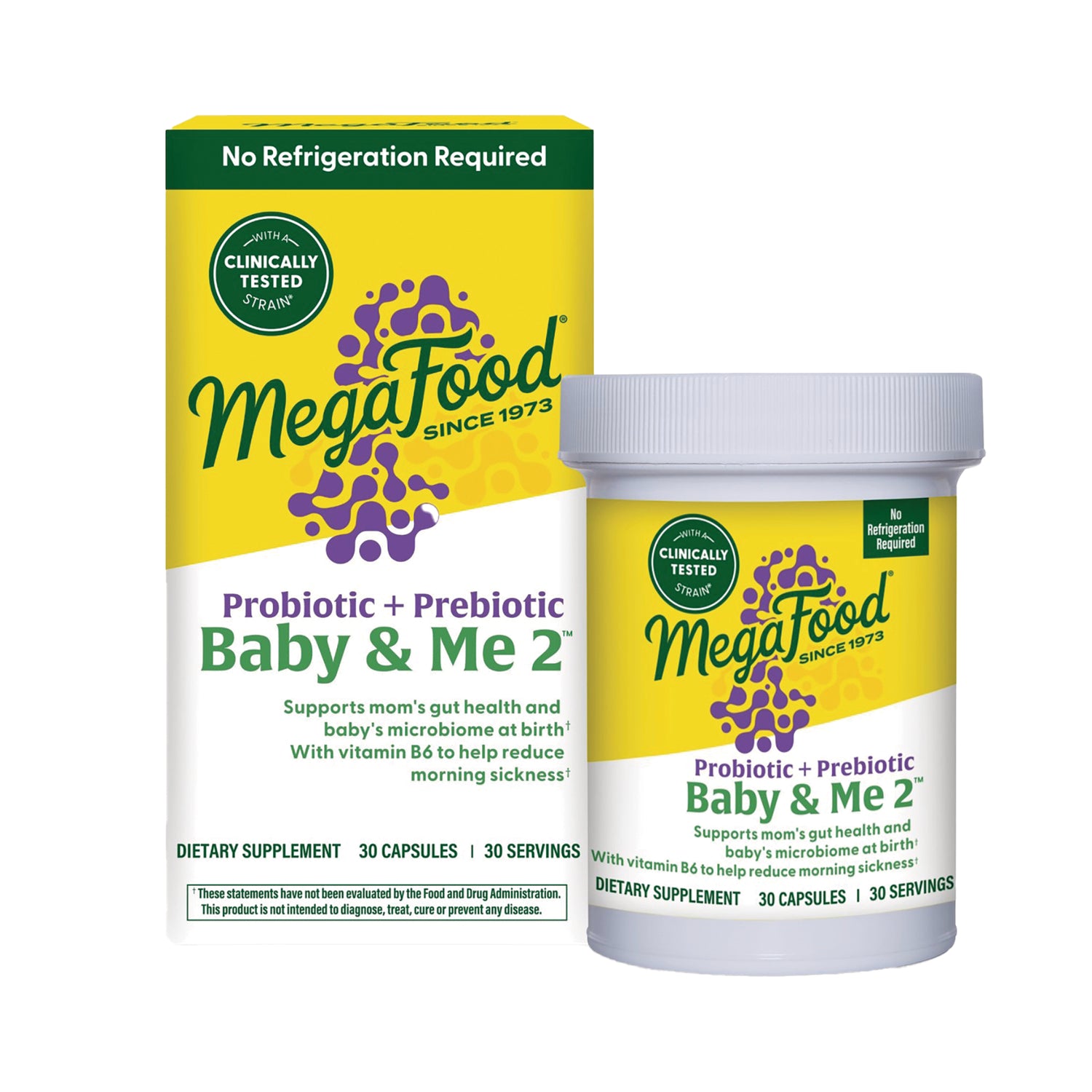 MGF134 | MegaFood Probiotic + Prebiotic Baby & Me 2 box and jar front packaging
