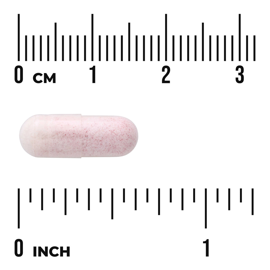 SWD083 | Pink speckled capsule with ruler showing size in centimeters and inches - Thumbnail