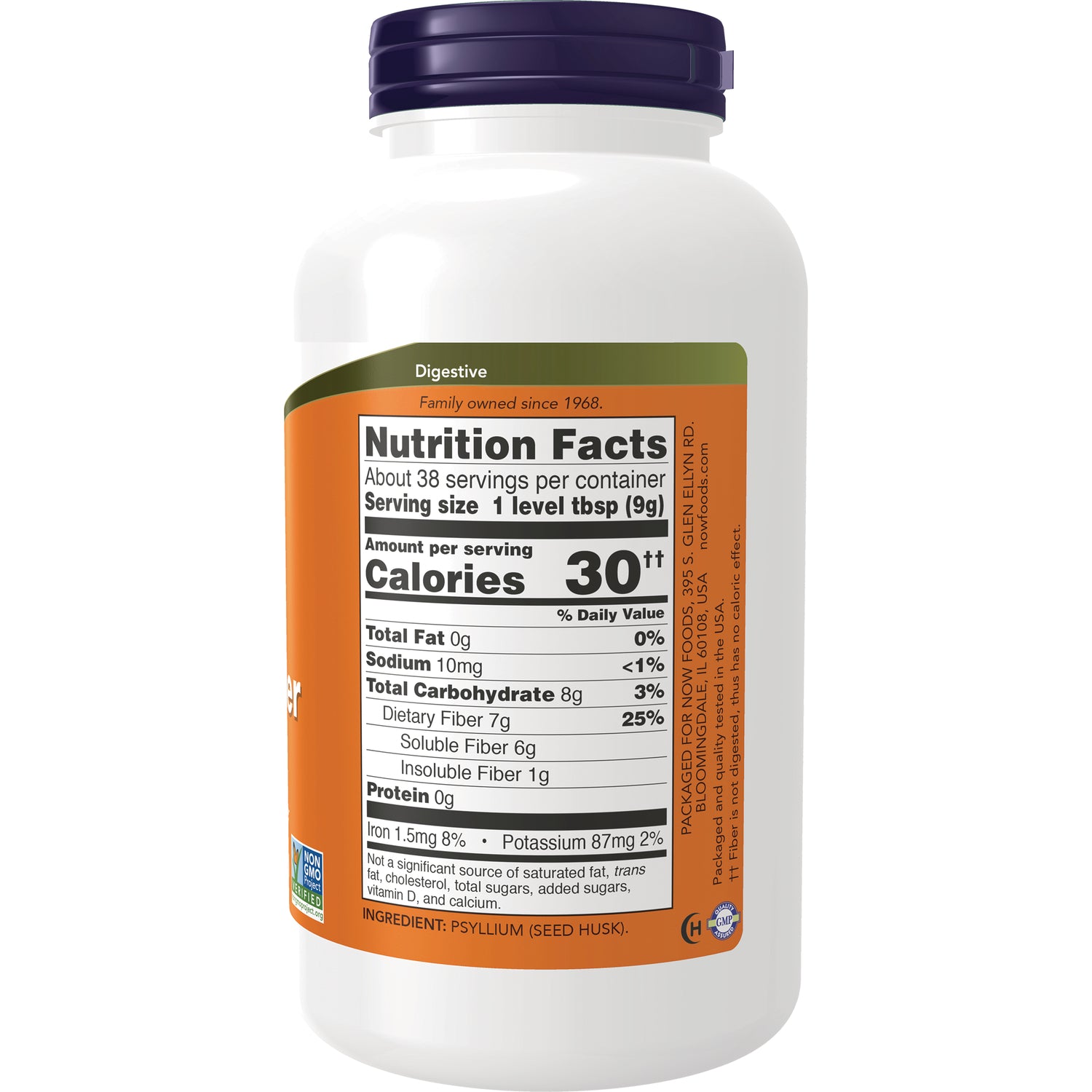 NWF084 | Back of white supplement bottle showing Nutrition Facts panel, serving size, Calories 30 and ingredient PSYLLIUM (SEED HUSK)