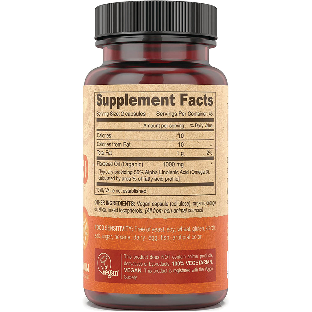DEV003 | supplement facts back label showing serving size 2 capsules, flaxseed oil 1000 mg and other ingredients - Thumbnail