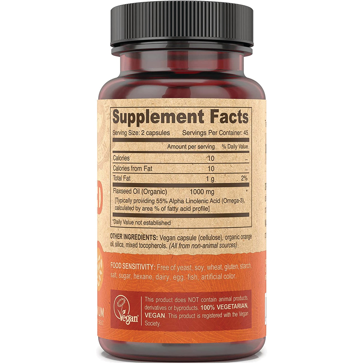DEV003 | supplement facts back label showing serving size 2 capsules, flaxseed oil 1000 mg and other ingredients