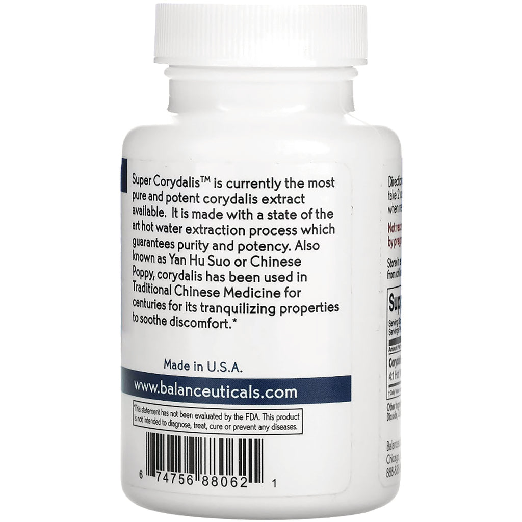 BAL013 | Back label of white supplement bottle with Corydalis description, Made in U.S.A., website and barcode - Thumbnail