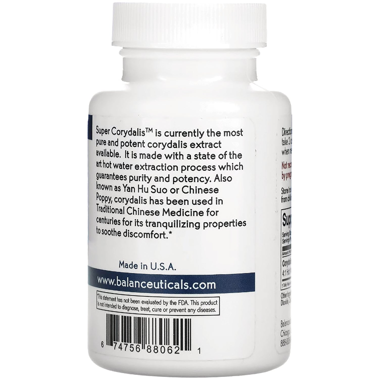 BAL013 | Back label of white supplement bottle with Corydalis description, Made in U.S.A., website and barcode