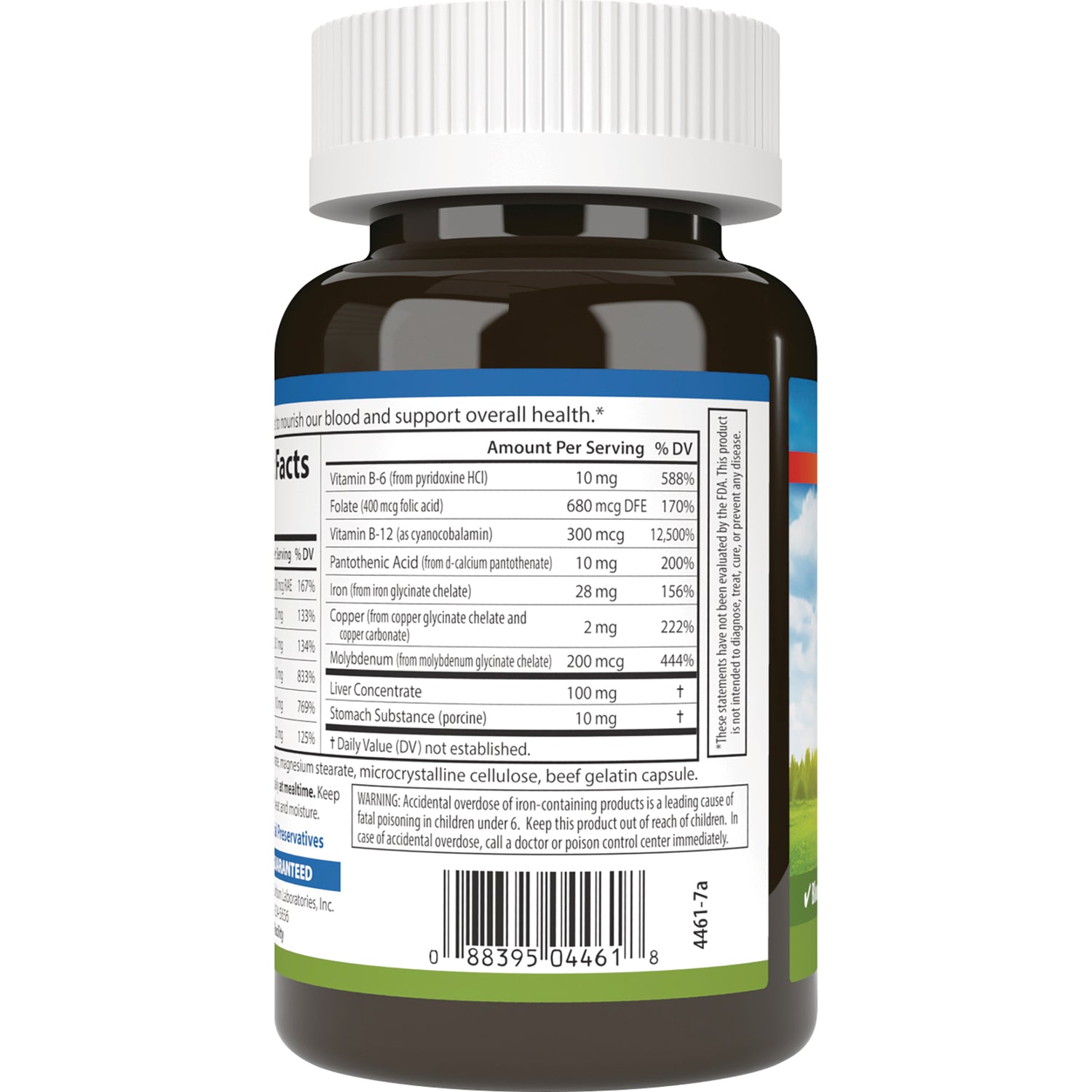 CSN321 | back label of brown supplement bottle showing nutrition facts panel and barcode