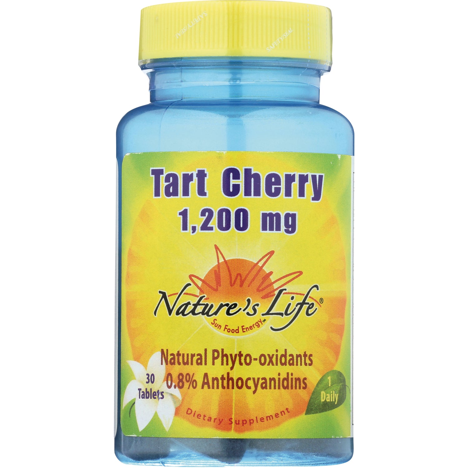 NSL027 | Blue bottle with yellow cap labeled Nature's Life Tart Cherry 1,200 mg supplement, 30 tablets