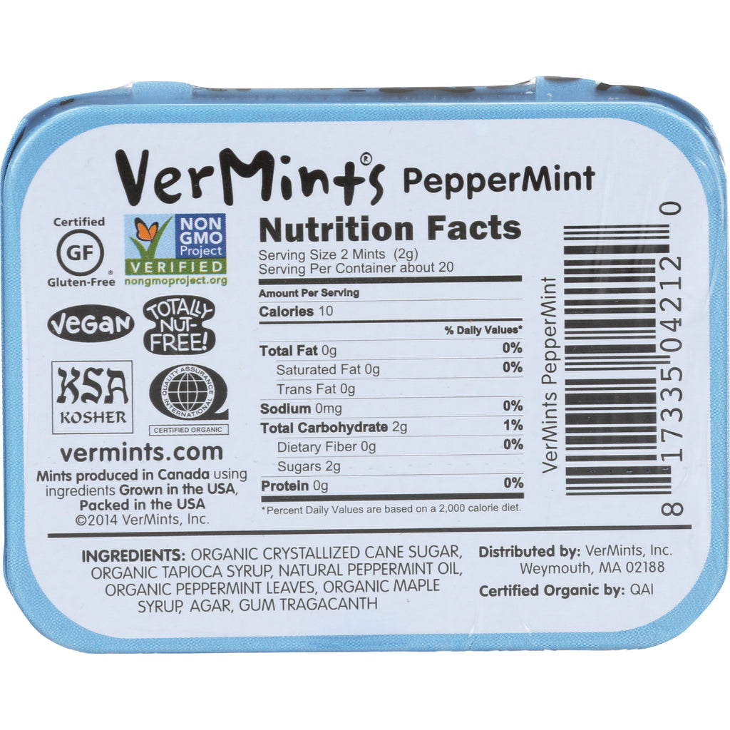VER003 | VerMints Peppermint mints tin back with Nutrition Facts, certifications, ingredients, and barcode - Thumbnail