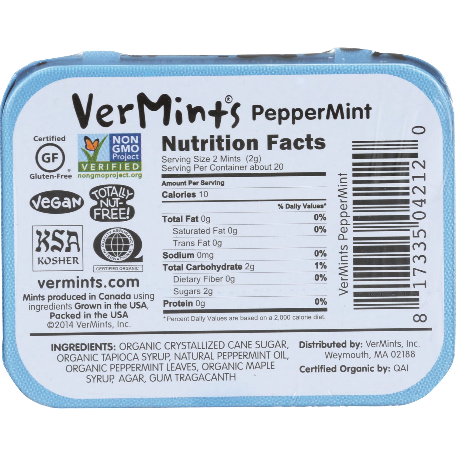 VER003 | VerMints Peppermint mints tin back with Nutrition Facts, certifications, ingredients, and barcode