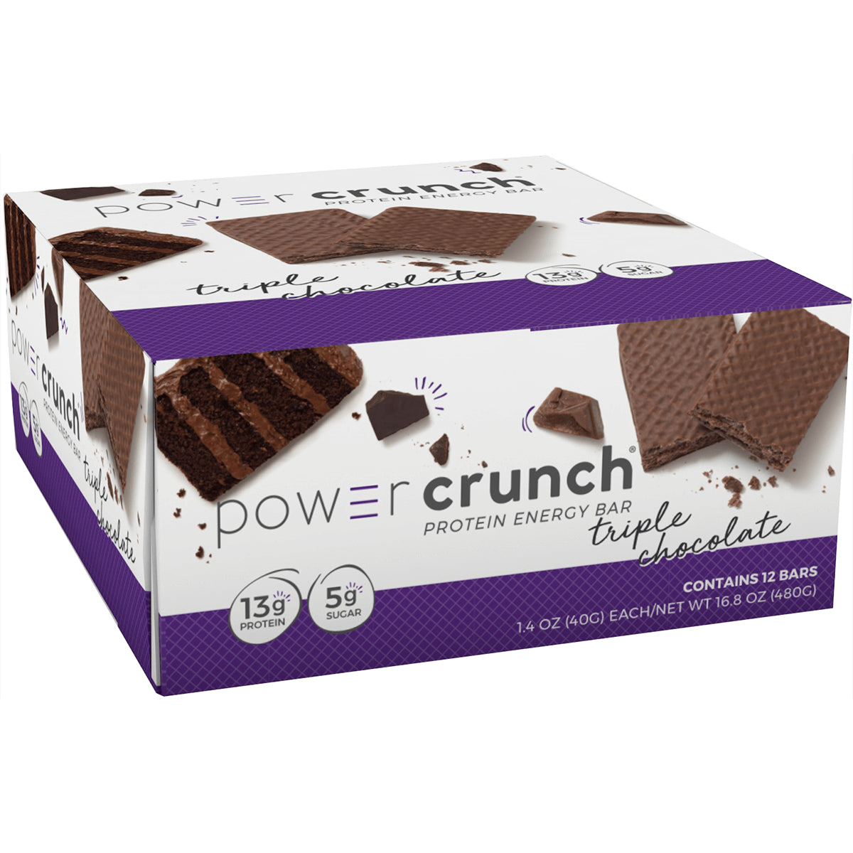 BNR005 | Power Crunch triple chocolate protein energy bar box front showing wafer bars and nutrition callouts