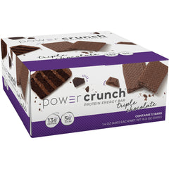 BNR005 | Power Crunch triple chocolate protein energy bar box front showing wafer bars and nutrition callouts