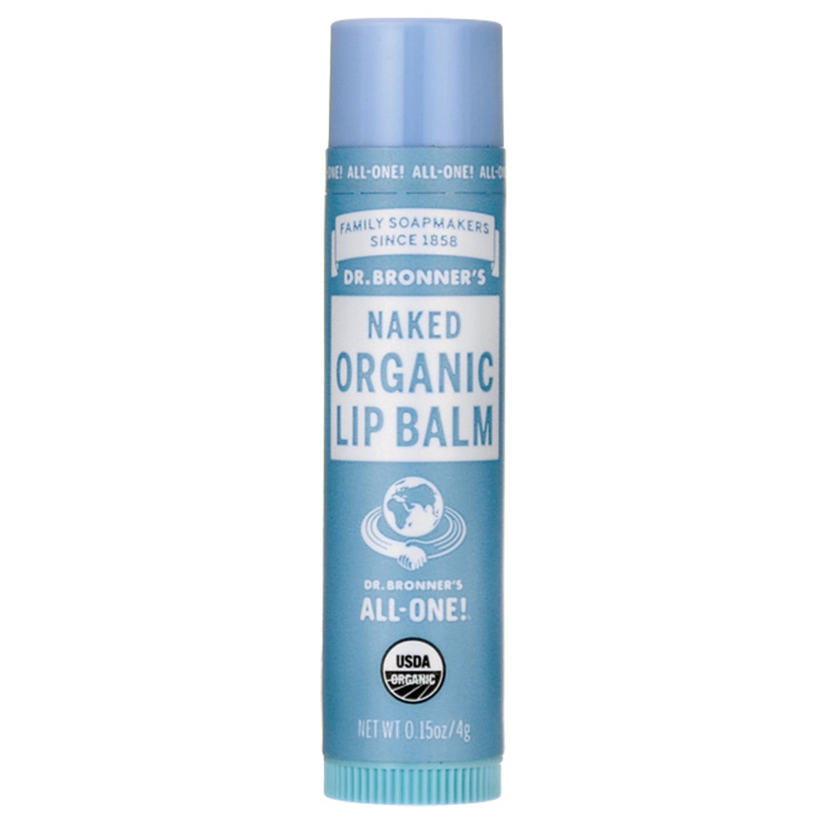 DRB032 | Dr. Bronner's Naked Organic lip balm tube in light blue packaging labeled NAKED ORGANIC LIP BALM and USDA Organic