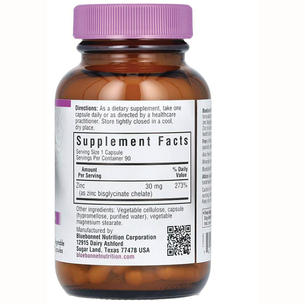 BLU069 | Back of amber supplement bottle showing Supplement Facts panel with Zinc 30 mg, directions and QR code - Thumbnail