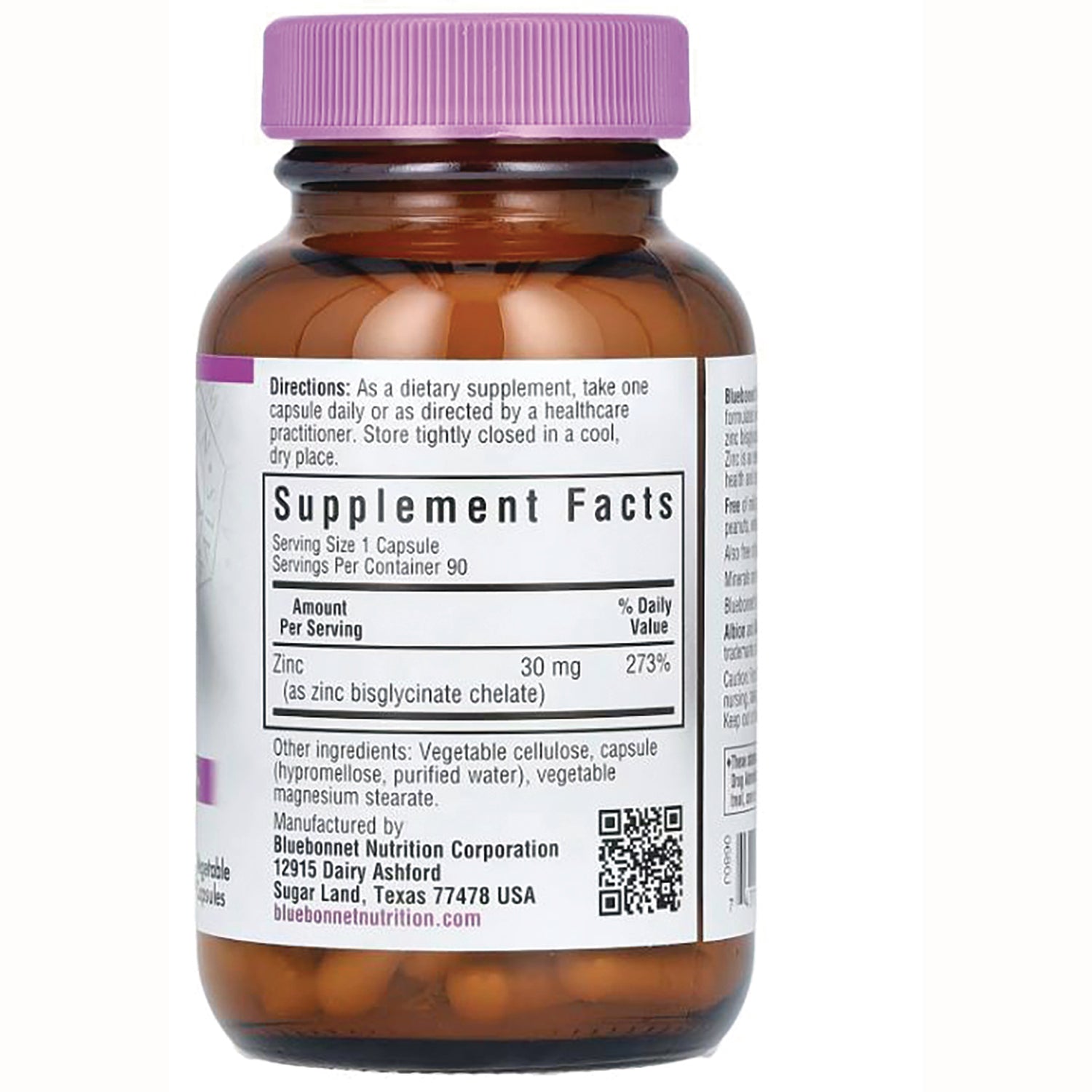 BLU069 | Back of amber supplement bottle showing Supplement Facts panel with Zinc 30 mg, directions and QR code